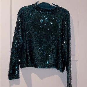 Anthropologie Pilcro Cashmere Mock Neck Sweater Sequin Ed EMERALD GREEN Sz Small